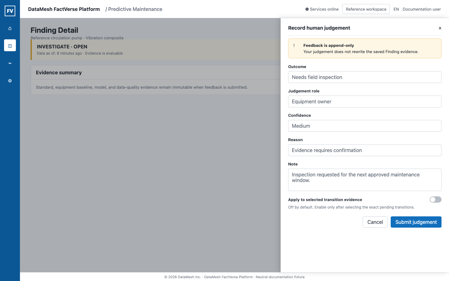 Neutral Finding feedback drawer showing outcome, judgement role, confidence, reason, note, and transition evidence disabled by default