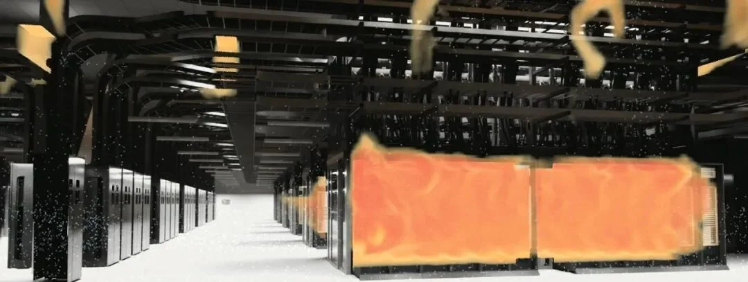 Thermal airflow simulation showing hot-air recirculation around data center racks