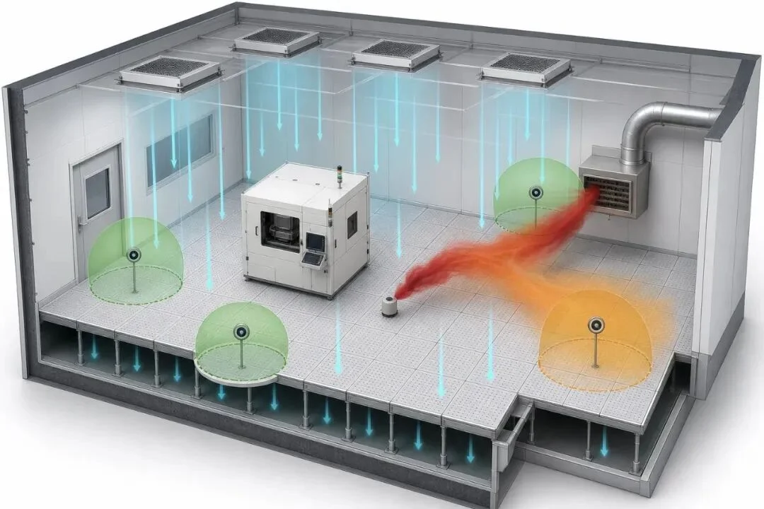 Cleanroom gas dispersion model showing ventilation flow and detector coverage zones