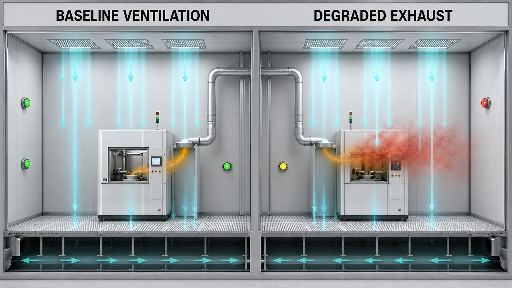 Baseline cleanroom ventilation and degraded exhaust comparison