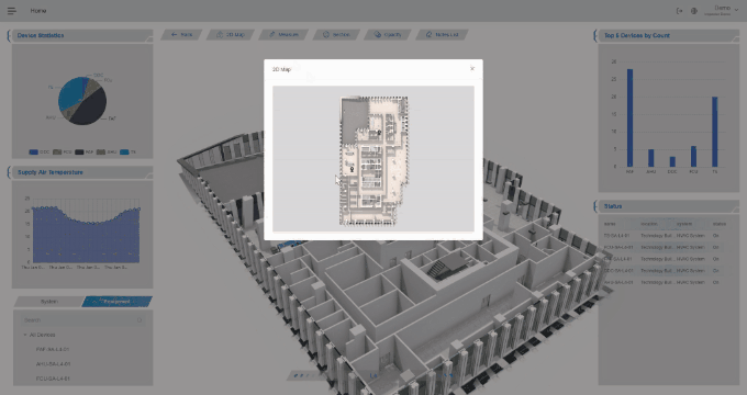 Modal showing a close-up of a circuit board on a white card over a 3D building model. (PCB close-up over a 3D architectural layout)